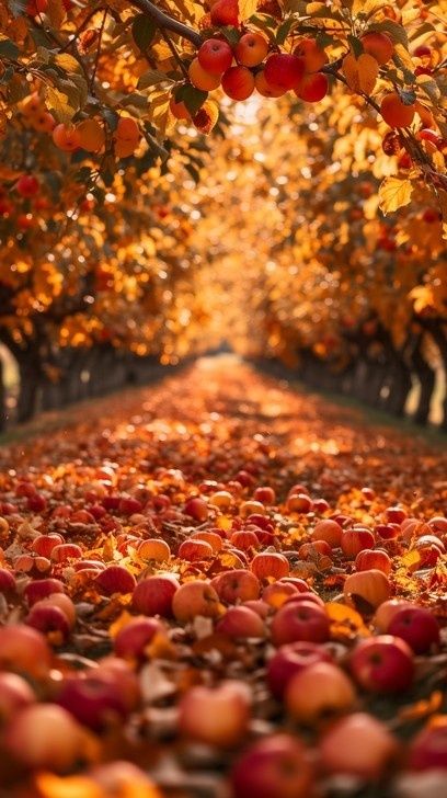 Herbstliche Apfelallee mit reifen Äpfeln an den Bäumen und am Boden